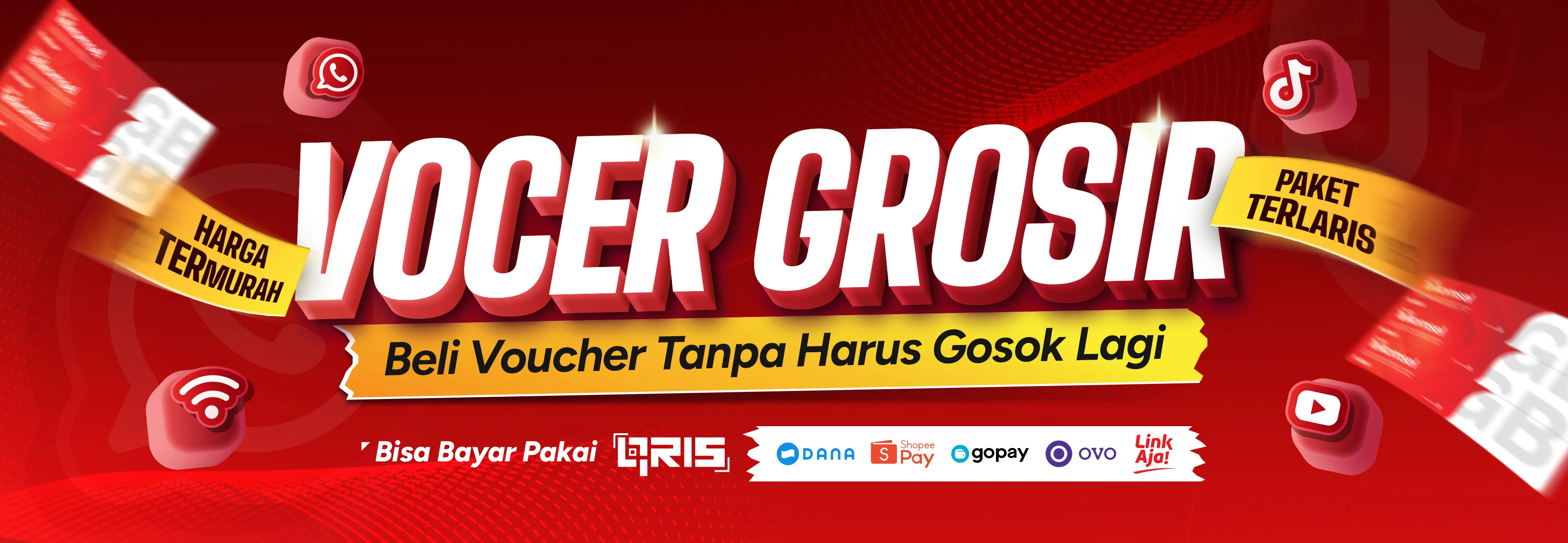 Vocer Grosir — Beli voucher tanpa harus gosok lagi. Harga termurah, paket terlaris, bisa bayar pakai QRIS.